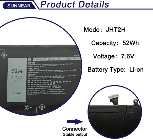 Alt view image 7 of 10 - SUNNEAR JHT2H Laptop Battery Compatible with Dell Latitude 7310 7410 Series Notebook 04V5X2 0HRGYV Y7HR3 0WY9MP 7.6V 52Wh 6500mAh