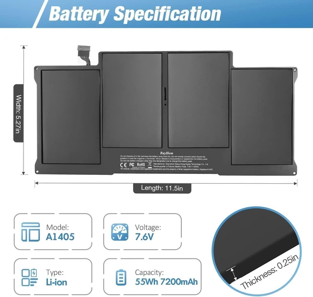 Alt view image 9 of 14 - 7200mAh Replacement Battery for MacBook Air 13" A1466 (2012-2017) & A1369 (2010-2011), High Performance, Compatible with A1496 A1405 A1377, Easy Installation