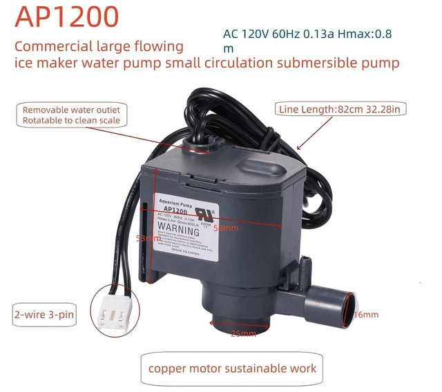 Alt view image 8 of 10 - AP1200 AC120V Commercial large flowing ice machine water pump Small circulation submersible pump Fit for HZB-30F,HZB-38F,HZB-32,HZB-45,HZB-65,HZB-90,HZB-120,HZB-160 Ice Maker 60Hz 0.13A Hmax:0.8m