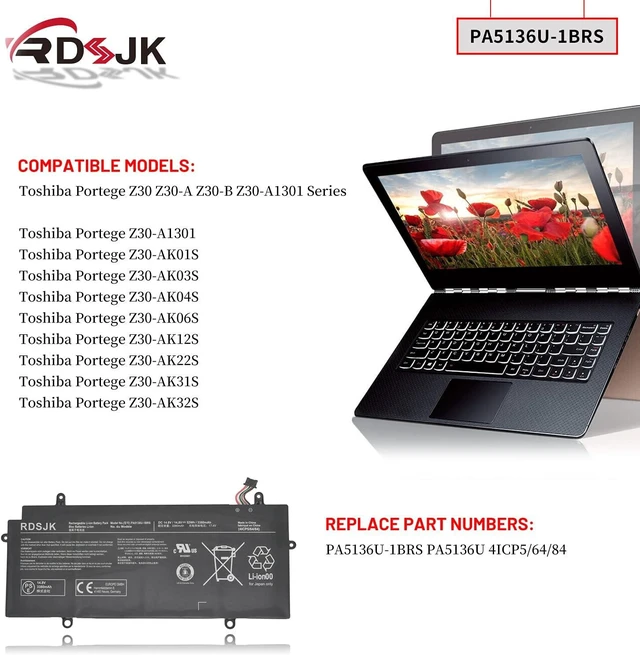 Alt view image 10 of 14 - PA5136U-1BRS PA5136U Laptop Battery for Toshiba Portege Z30 Z30-A Z30-A-12U Z30-B Z30-A1301 Z30-AK01S Z30-AK03S Z30-AK04S Z30-AK06S Z30-AK12S Z30-AK22S Z30-AK31S Z30-AK32S Series 14.8V 52Wh/3380mAh