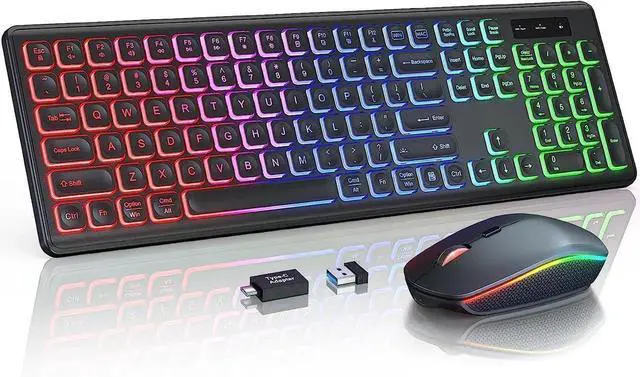 Main image of Wireless Keyboard and Mouse Combo - RGB Backlit, Rechargeable & Light Up Letters, Full-Size, Ergonomic Tilt Angle, Sleep Mode, 2.4GHz Quiet Keyboard Mouse for Mac, Windows, Laptop, PC - BLACK