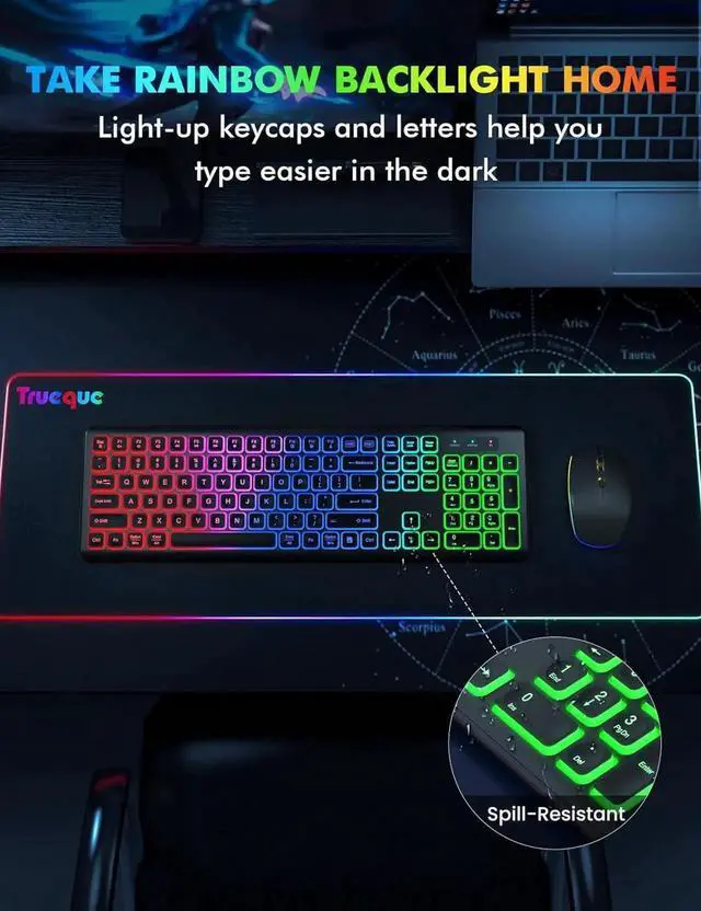 Alt view image 5 of 5 - Wireless Keyboard and Mouse Combo - RGB Backlit, Rechargeable & Light Up Letters, Full-Size, Ergonomic Tilt Angle, Sleep Mode, 2.4GHz Quiet Keyboard Mouse for Mac, Windows, Laptop, PC - BLACK