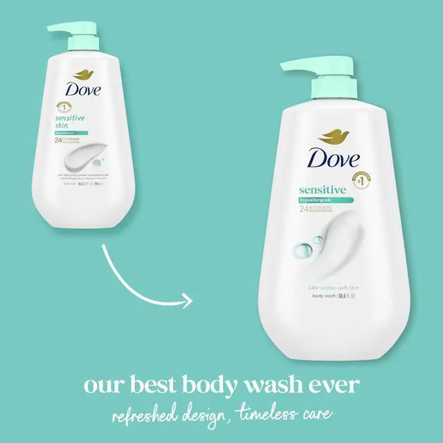 Alt view image 3 of 6 - Dove Body Wash with Pump Sensitive Skin For 24hr Lotion-Soft Skin Moisturizing Skin Cleanser Gentle Hypoallergenic Formula with No Sulfates No Parabens 30.6 oz