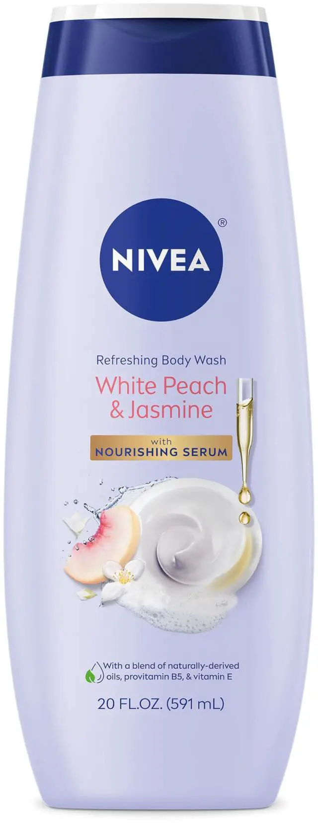 Main image of NIVEA Refreshing White Peach and Jasmine Body Wash with Nourishing Serum, Scented Body Wash for Women, Enriched with Provitamin B5 and Vitamin E, 20 Fl Oz Bottle