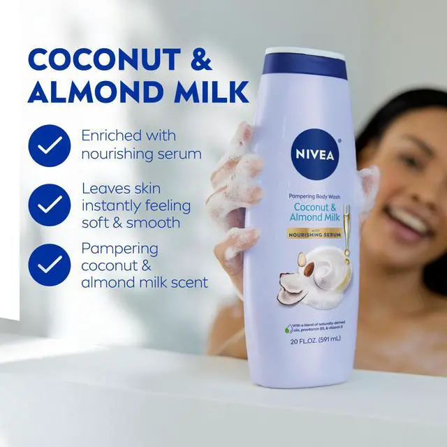 Alt view image 3 of 7 - NIVEA Pampering Coconut and Almond Milk Body Wash with Nourishing Serum, Moisturizing Body Wash for Women, Enriched with Provitamin B5 and Vitamin E, 20 Fl Oz Bottle