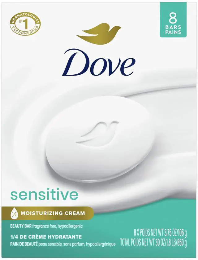 Main image of Dove Beauty Bar Soap Sensitive, 8 Bars for Sensitive Skin, Fragrance Free and Hypoallergenic 3.75 oz