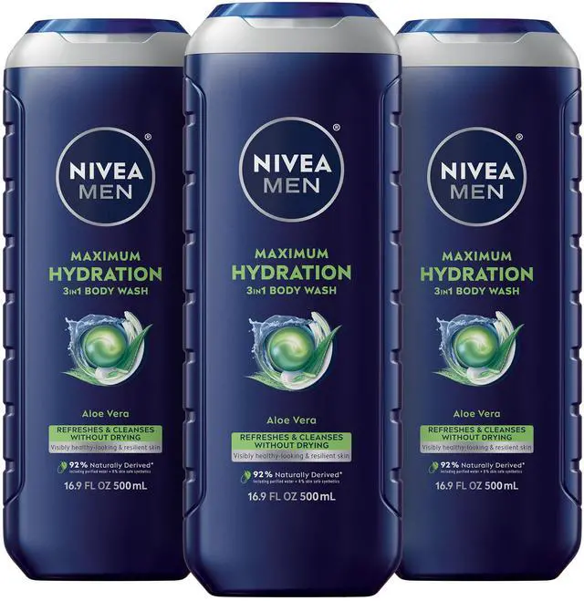 Main image of NIVEA MEN Maximum Hydration Body Wash for Dry Skin, Aloe Vera Enriched, 3-in-1 Moisturizing Body Wash, Face and Hair, Paraben Free, Vegan Formula, 16.9 Fl Oz Bottle, Pack of 3