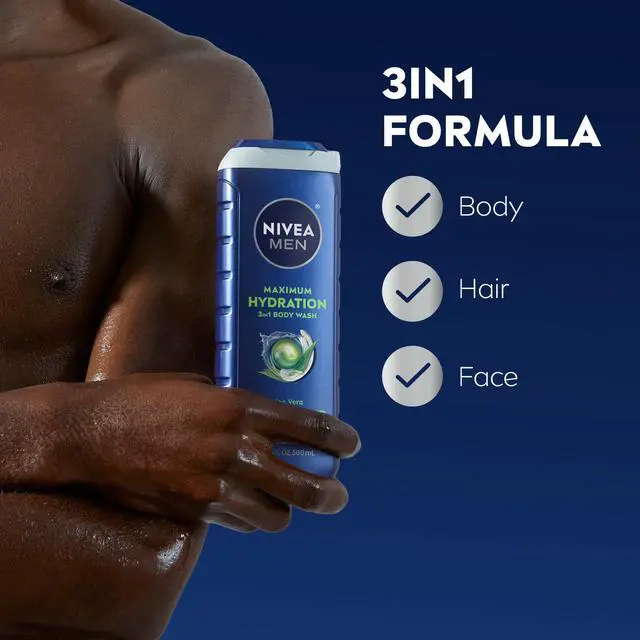 Alt view image 3 of 7 - NIVEA MEN Maximum Hydration Body Wash for Dry Skin, Aloe Vera Enriched, 3-in-1 Moisturizing Body Wash, Face and Hair, Paraben Free, Vegan Formula, 16.9 Fl Oz Bottle, Pack of 3