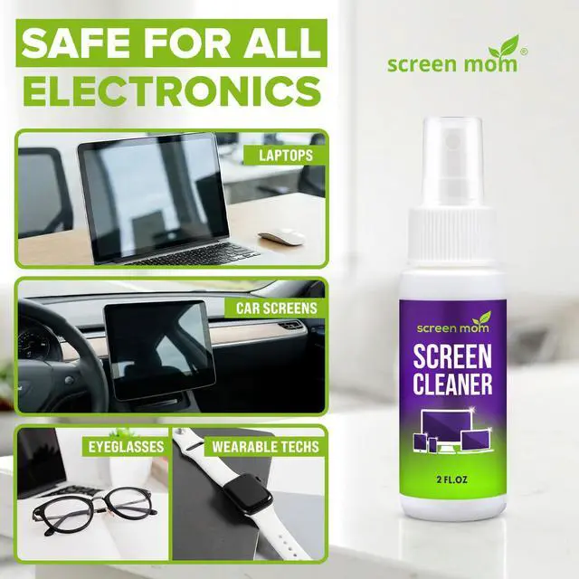 Alt view image 2 of 7 - Screen Cleaner Spray and 2 Microfiber Cloths - 2oz Bottle by Screen Mom-Screen Cleaner Spray and Wipe for TV, Computer, Phone, iPad, Car Screen Cleaning Kit Electronic Cleaner Spray