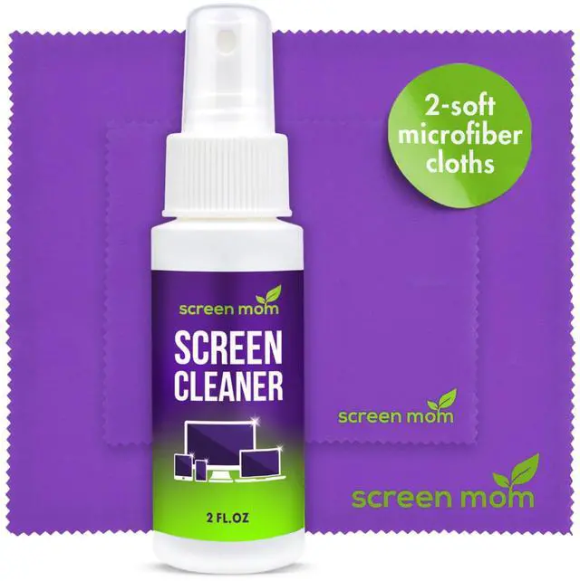 Main image of Screen Cleaner Spray and 2 Microfiber Cloths - 2oz Bottle by Screen Mom-Screen Cleaner Spray and Wipe for TV, Computer, Phone, iPad, Car Screen Cleaning Kit Electronic Cleaner Spray