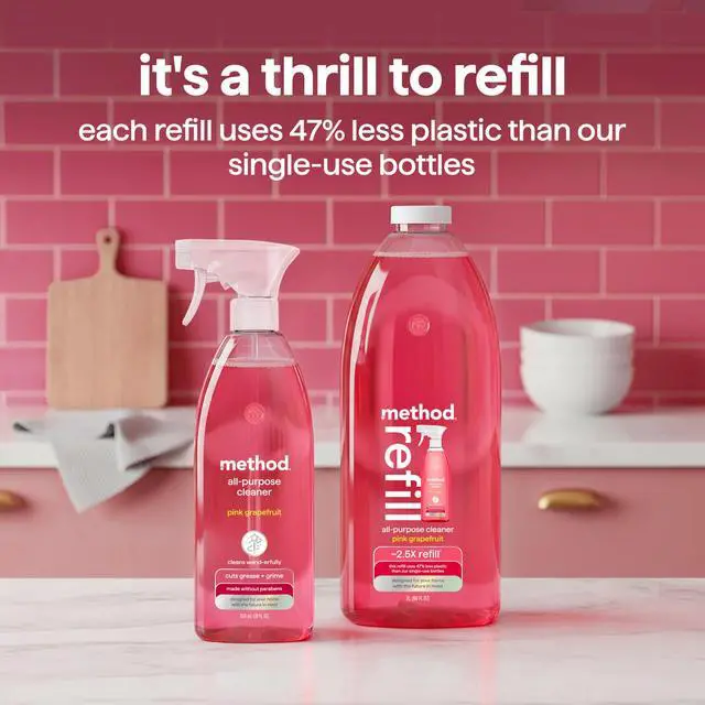 Alt view image 2 of 7 - method All-Purpose Cleaner Refill, Pink Grapefruit - Cuts Grease & Grime on Counters, Glass, Sealed Wood & Floors, for Kitchen & Bathroom, 68 fl oz