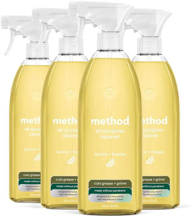 Main image of Method All-Purpose Cleaner Spray, Lemon + Freesia - Cuts Grease & Grime on Counters, Glass, Sealed Wood & Floors, for Kitchen & Bathroom, 28 fl oz, 4 pack
