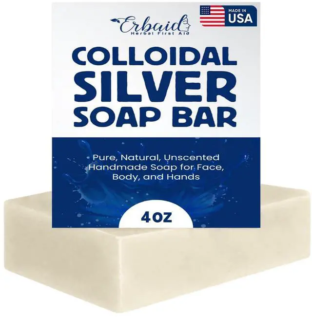 Main image of Colloidal Silver Soap Bar, 4oz Unscented Natural Handmade in USA Pure Cleanser for Face, Body & Hands Cleansing, Moisturizing, Soothing Itch Relief Wash for Sensitive Skin, Acne, Hyperpigmentation