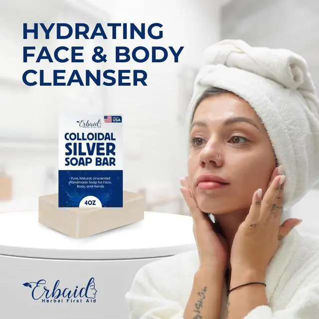 Alt view image 2 of 7 - Colloidal Silver Soap Bar, 4oz Unscented Natural Handmade in USA Pure Cleanser for Face, Body & Hands Cleansing, Moisturizing, Soothing Itch Relief Wash for Sensitive Skin, Acne, Hyperpigmentation