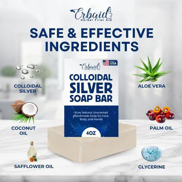 Alt view image 6 of 7 - Colloidal Silver Soap Bar, 4oz Unscented Natural Handmade in USA Pure Cleanser for Face, Body & Hands Cleansing, Moisturizing, Soothing Itch Relief Wash for Sensitive Skin, Acne, Hyperpigmentation