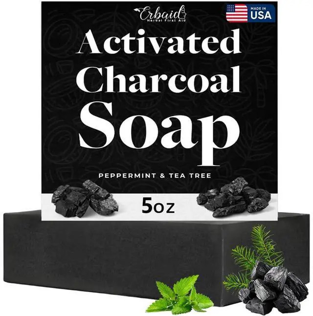Main image of Charcoal Soap Natural Activated Charcoal Black Soap Bar Exfoliating Face & Body Wash for Dry, Sensitive, Oily Skin Facial Cleanser with Bentonite Clay for Acne, Blackheads, & Scars, Made in USA