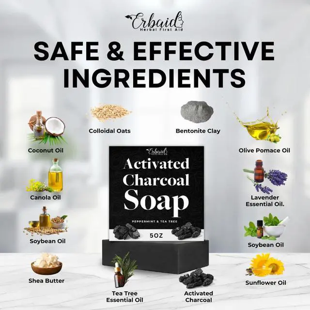 Alt view image 6 of 7 - Charcoal Soap Natural Activated Charcoal Black Soap Bar Exfoliating Face & Body Wash for Dry, Sensitive, Oily Skin Facial Cleanser with Bentonite Clay for Acne, Blackheads, & Scars, Made in USA