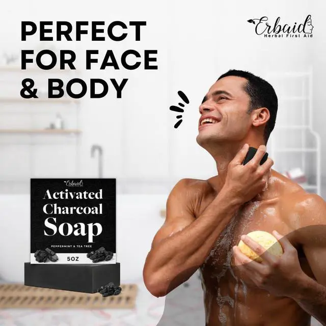 Alt view image 7 of 7 - Charcoal Soap Natural Activated Charcoal Black Soap Bar Exfoliating Face & Body Wash for Dry, Sensitive, Oily Skin Facial Cleanser with Bentonite Clay for Acne, Blackheads, & Scars, Made in USA