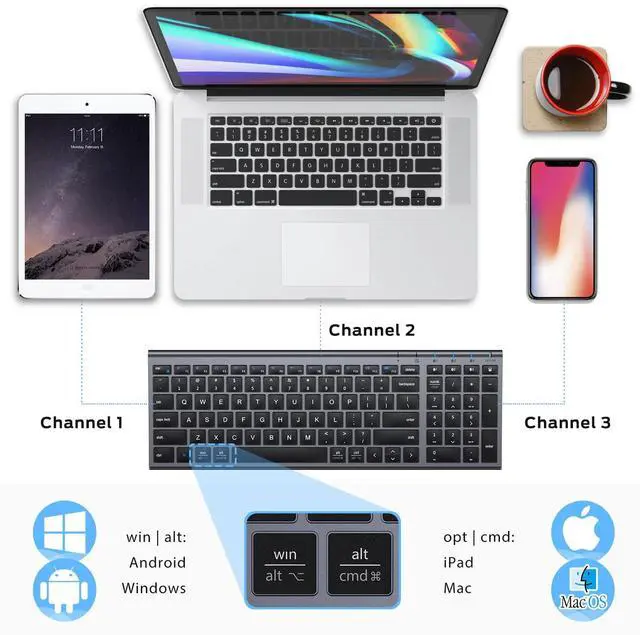 Alt view image 2 of 7 - iClever BK10 Bluetooth Keyboard, Wireless Rechargeable Ultra-Slim Keyboard with Long Battery Life, Compatible with iOS, Android, Windows, Mac for iPad, Tablet, Laptop, PC, Phone (Gray Black)