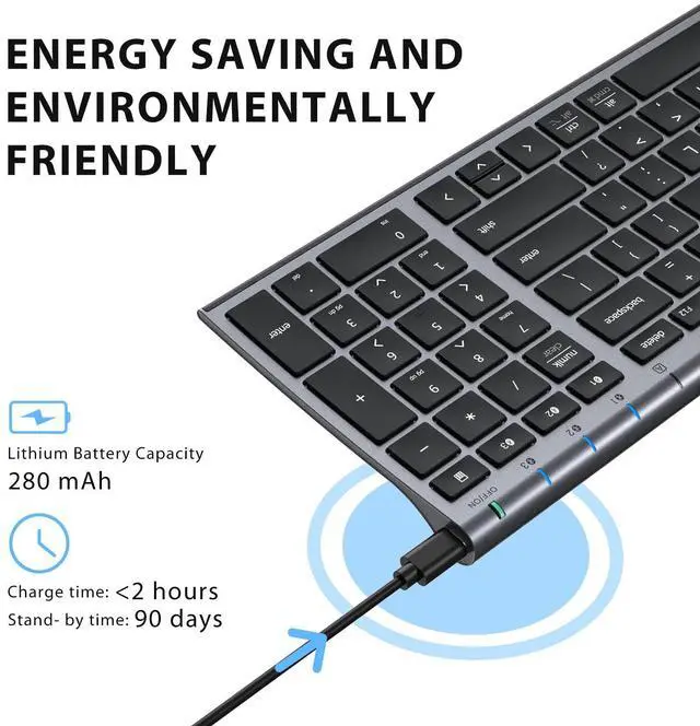 Alt view image 3 of 7 - iClever BK10 Bluetooth Keyboard, Wireless Rechargeable Ultra-Slim Keyboard with Long Battery Life, Compatible with iOS, Android, Windows, Mac for iPad, Tablet, Laptop, PC, Phone (Gray Black)
