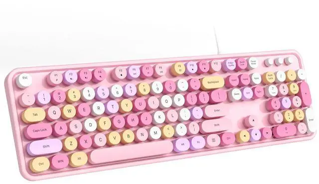 Main image of MOFII Wired Keyboard, Full Size Retro Typewriter Keyboard with Round Keys, Cute Computer Keyboard, USB Plug and Play, for PC, Laptop, Desktop, Windows (Pink Colorful)