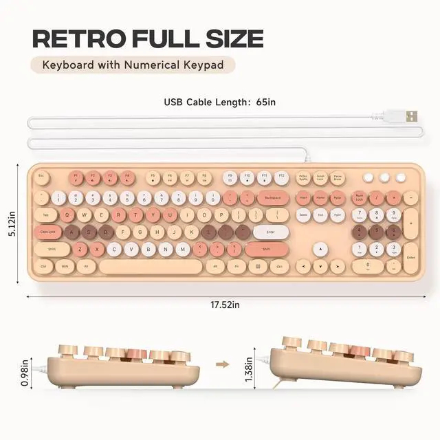 Alt view image 6 of 6 - MOFII Computer Keyboard Wired, Round Key Retro Typewriter Keyboard Full Size, USB Plug and Play, for Laptop, PC, Desktop, Windows (Milk Tea Colorful)