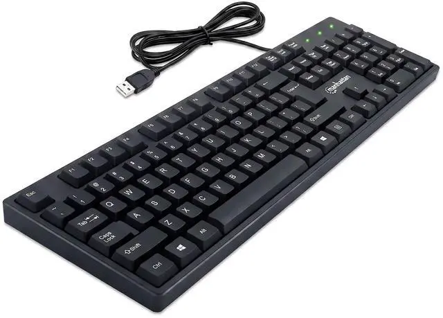 Main image of Manhattan Wired Computer Keyboard Basic Black Keyboard - with 4.5ft USB-A Cable, 104-keys, Foldable Stands - Compatible for Windows, PC, Laptop - 3 Yr Mfg Warranty 179324