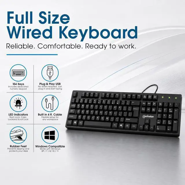 Alt view image 3 of 7 - Manhattan Wired Computer Keyboard Basic Black Keyboard - with 4.5ft USB-A Cable, 104-keys, Foldable Stands - Compatible for Windows, PC, Laptop - 3 Yr Mfg Warranty 179324