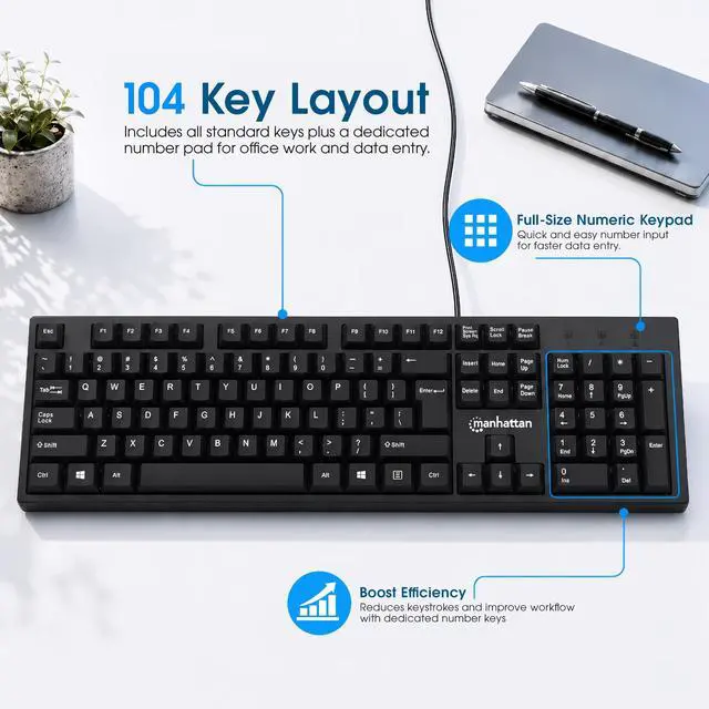 Alt view image 4 of 7 - Manhattan Wired Computer Keyboard Basic Black Keyboard - with 4.5ft USB-A Cable, 104-keys, Foldable Stands - Compatible for Windows, PC, Laptop - 3 Yr Mfg Warranty 179324