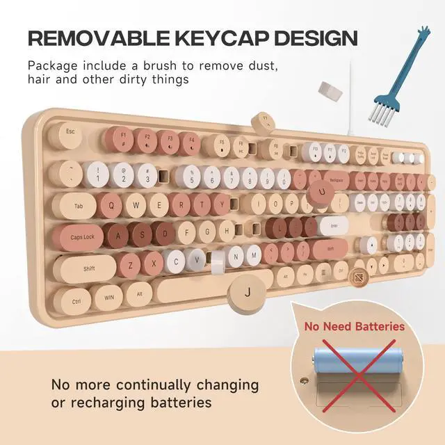 Alt view image 2 of 6 - MOFII Computer Keyboard Wired, Round Key Retro Typewriter Keyboard Full Size, USB Plug and Play, for Laptop, PC, Desktop, Windows (Milk Tea Colorful)