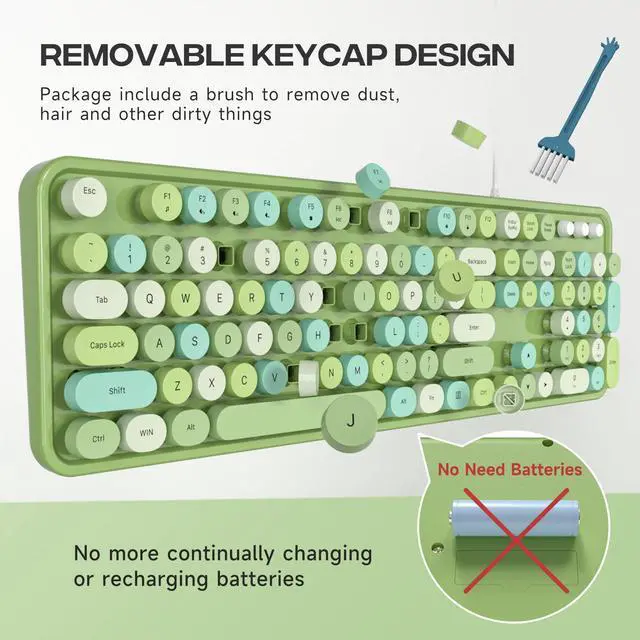 Alt view image 2 of 7 - MOFII Computer Keyboard Wired, Round Key Retro Typewriter Keyboard Full Size, USB Plug and Play, for Laptop, PC, Desktop, Windows (Green Colorful)