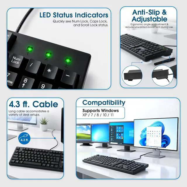 Alt view image 7 of 7 - Manhattan Wired Computer Keyboard Basic Black Keyboard - with 4.5ft USB-A Cable, 104-keys, Foldable Stands - Compatible for Windows, PC, Laptop - 3 Yr Mfg Warranty 179324