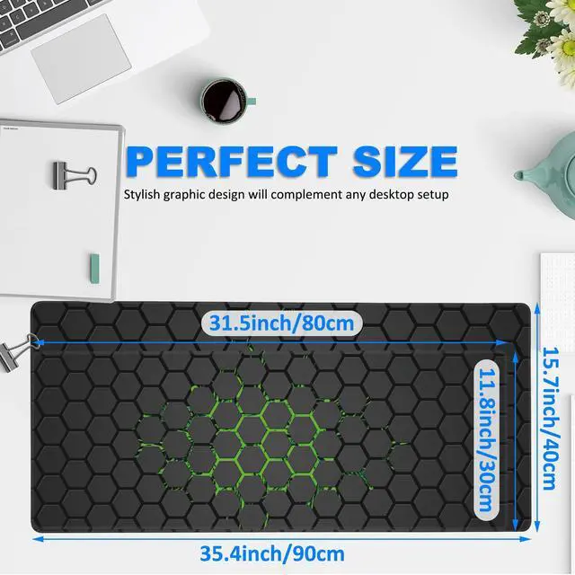 Alt view image 2 of 7 - Desk Pad, Green Honeycomb Science Technology Extended Gaming Mouse Pad Large, 35.4"x15.7" Big Mouse Pad with Non-Slip Base and Stitched Edge, Long Computer Keyboard Mouse Mat for Home Office Work