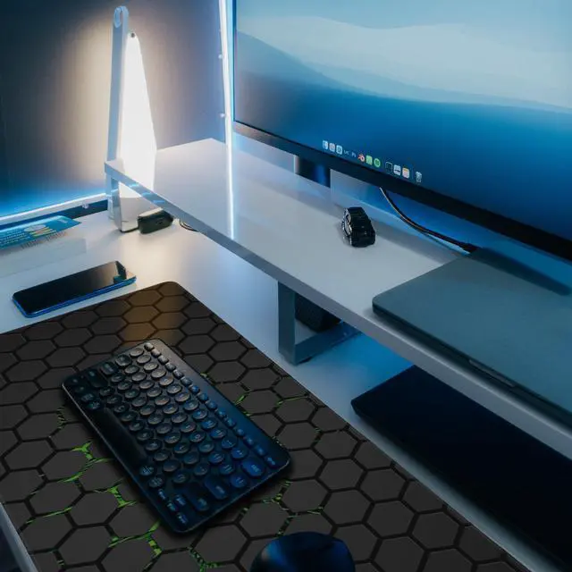 Alt view image 6 of 7 - Desk Pad, Green Honeycomb Science Technology Extended Gaming Mouse Pad Large, 35.4"x15.7" Big Mouse Pad with Non-Slip Base and Stitched Edge, Long Computer Keyboard Mouse Mat for Home Office Work