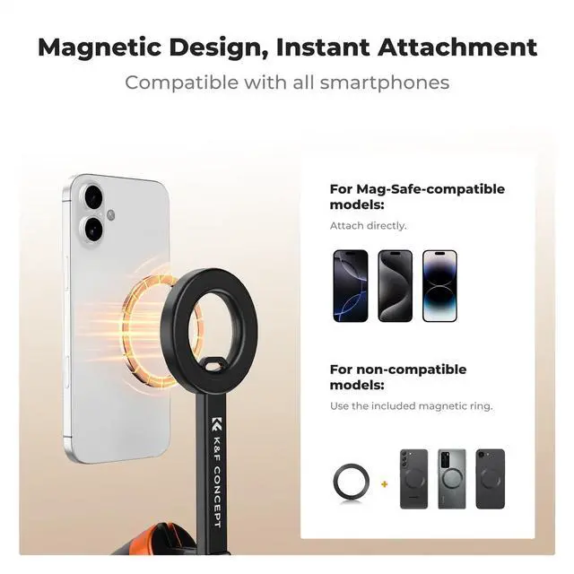Alt view image 2 of 7 - K&F CONCEPT Lightweight 71 inch Magnetic Selfie Stick Tripod, Portable Extendable Phone Stand with Bluetooth Remote, 3-Axis Adjustment Aluminium Vlog Rig Compatible with iPhone 17 16 15 14 Pro Max