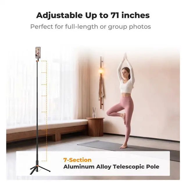 Alt view image 4 of 7 - K&F CONCEPT Lightweight 71 inch Magnetic Selfie Stick Tripod, Portable Extendable Phone Stand with Bluetooth Remote, 3-Axis Adjustment Aluminium Vlog Rig Compatible with iPhone 17 16 15 14 Pro Max