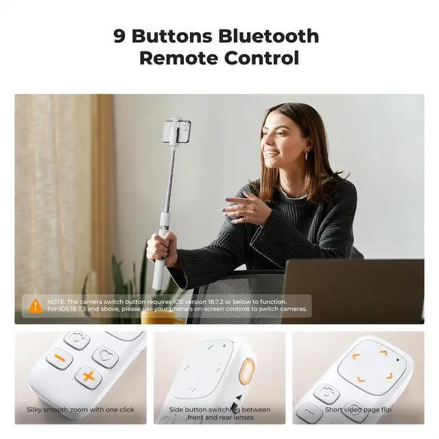 Alt view image 4 of 7 - K&F CONCEPT Selfie Stick, Auto Open & Close Phone Tripod Stand, 360° Rotatable Selfie Stick with 9 Button Bluetooth Remote, Extendable Automatic Tripod for Cell Phone(White)