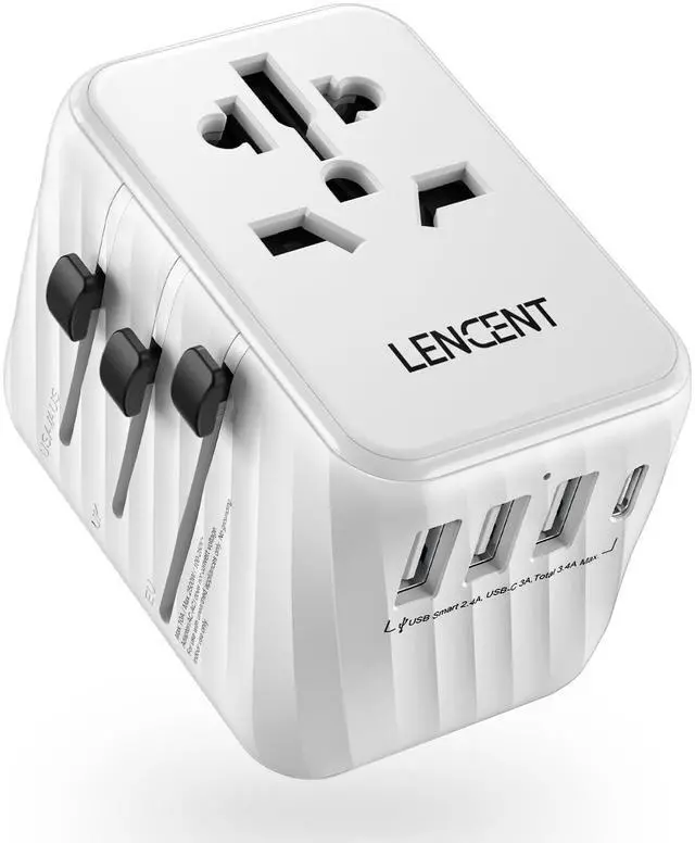 Main image of LENCENT Universal Travel Power Adapter, International AC Plug Adaptor with 3 USB A Ports 1 Type C PD Wall Charger Worldwide Travel Essentials for US to EU UK Ireland Australia (Type C/G/A/I) White