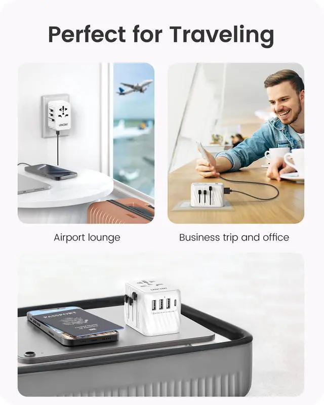 Alt view image 7 of 7 - LENCENT Universal Travel Power Adapter, International AC Plug Adaptor with 3 USB A Ports 1 Type C PD Wall Charger Worldwide Travel Essentials for US to EU UK Ireland Australia (Type C/G/A/I) White