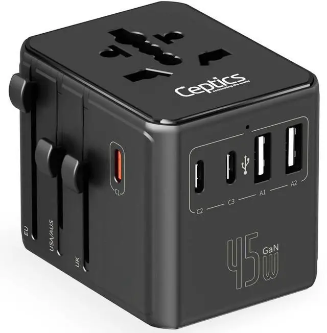 Main image of Ceptics 8 in 1 Universal Travel Adapter for EU, UK, US, AU and More, World Travel Adapter, 2X US Socket, Universal Socket, 3X USB-C and 2X USB-A, 45W Fast Charge UP-45KU-BL