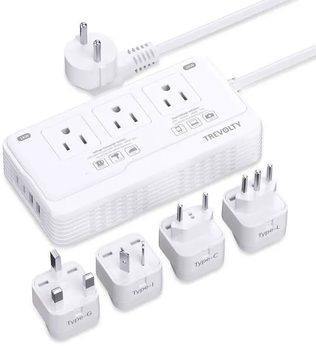 Main image of 2000W Voltage Converter US to Europe for Hair Dryer, 220V to 110V Converter for European Travel Plug Adapter with 3 AC 2 USBC 2 USBA Ports, Travel Essential with EU UK IT AU Plug (White)