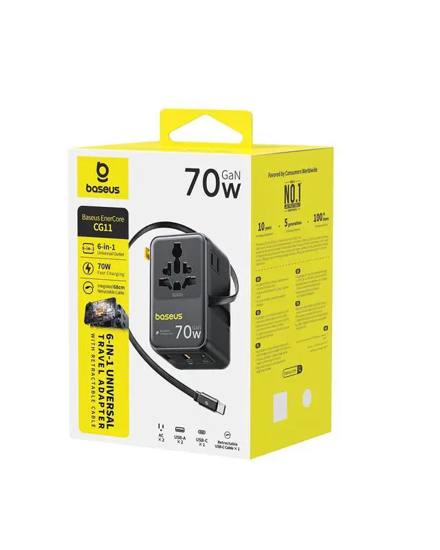 Alt view image 7 of 7 - Baseus 70W Universal Travel Adapter, 6-in-1 International Plug Adapter with Retractable Cable, USB-C PD Fast Charging Worldwide Wall Charger for USA/EU/UK/AUS and Over 200 Countries - Enercore CG11