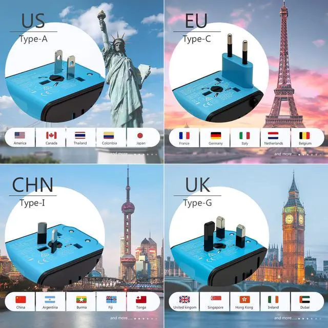 Alt view image 3 of 7 - DISGIAN Travel Adapter, Universal International Power Adapter with 3USB Port and Type-C International Wall Charger Worldwide AC Power Plug for Multi-Nation Travel UK, EU, AU Over 200 Countries (Blue)