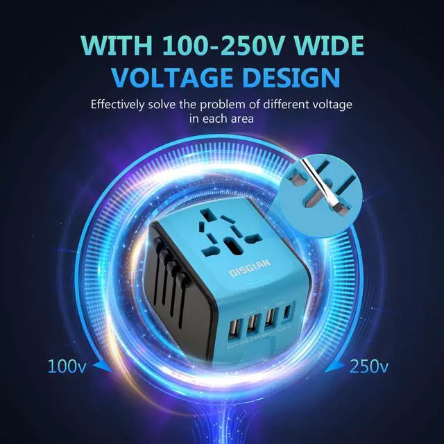 Alt view image 6 of 7 - DISGIAN Travel Adapter, Universal International Power Adapter with 3USB Port and Type-C International Wall Charger Worldwide AC Power Plug for Multi-Nation Travel UK, EU, AU Over 200 Countries (Blue)