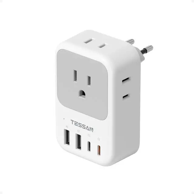 Main image of European Travel Plug Adapter, TESSAN International Power Adaptor with 4 Outlets 4 USB Ports (2 USB-C, 1 with PD 20W), Type C Adapter for US to EU Europe Spain Iceland France Italy Germany Portugal