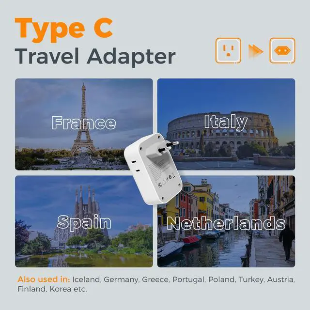 Alt view image 3 of 6 - European Travel Plug Adapter, TESSAN International Power Adaptor with 4 Outlets 4 USB Ports (2 USB-C, 1 with PD 20W), Type C Adapter for US to EU Europe Spain Iceland France Italy Germany Portugal