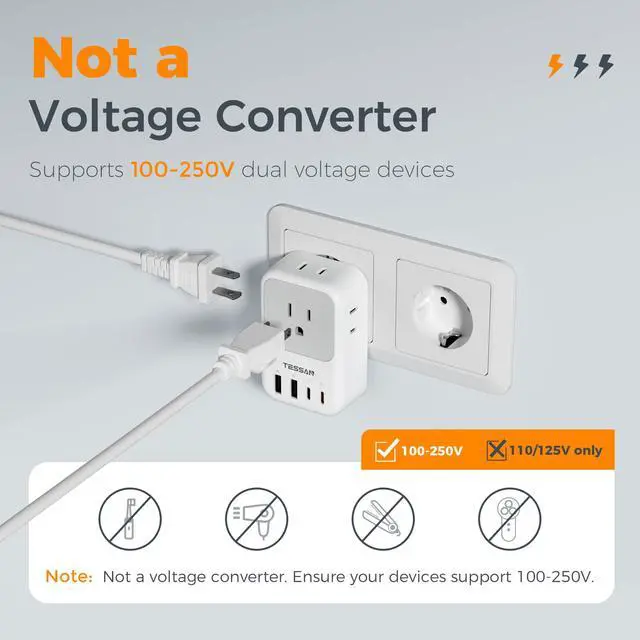 Alt view image 5 of 6 - European Travel Plug Adapter, TESSAN International Power Adaptor with 4 Outlets 4 USB Ports (2 USB-C, 1 with PD 20W), Type C Adapter for US to EU Europe Spain Iceland France Italy Germany Portugal