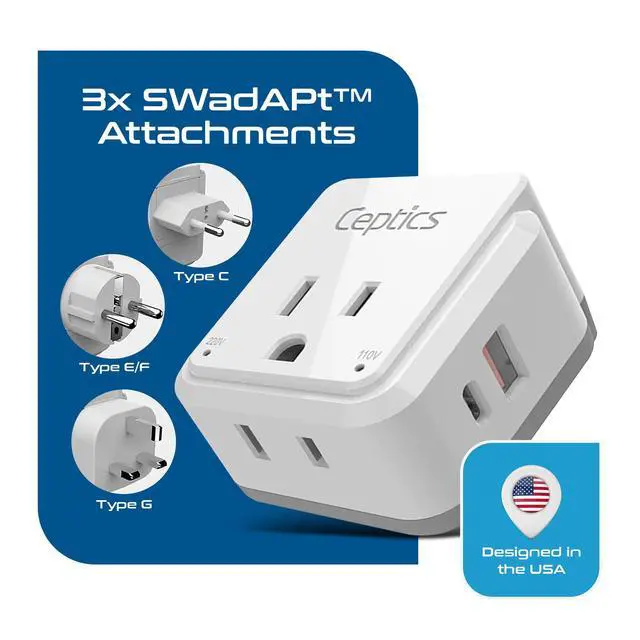 Alt view image 2 of 7 - Ceptics European Plug Travel Adapter Set, 20W PD & QC, Safe Dual USB & USB-C - 2 USA Socket - Compact - Use in Germany, France, Italy, UK - Includes Type E/F, Type C, Type G SWadAPt Attachments