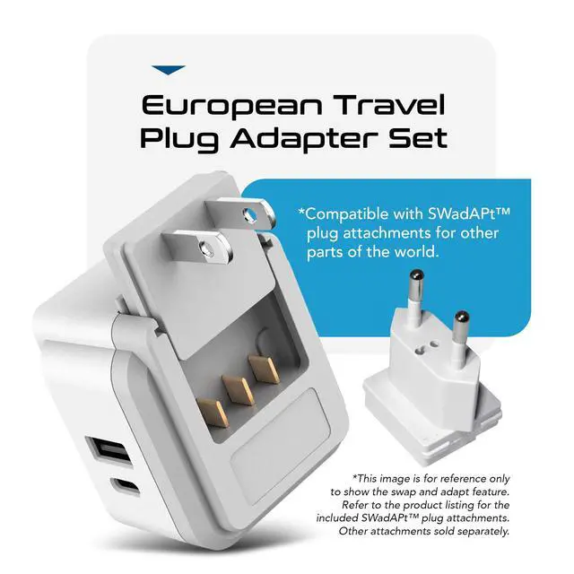 Alt view image 6 of 7 - Ceptics European Plug Travel Adapter Set, 20W PD & QC, Safe Dual USB & USB-C - 2 USA Socket - Compact - Use in Germany, France, Italy, UK - Includes Type E/F, Type C, Type G SWadAPt Attachments