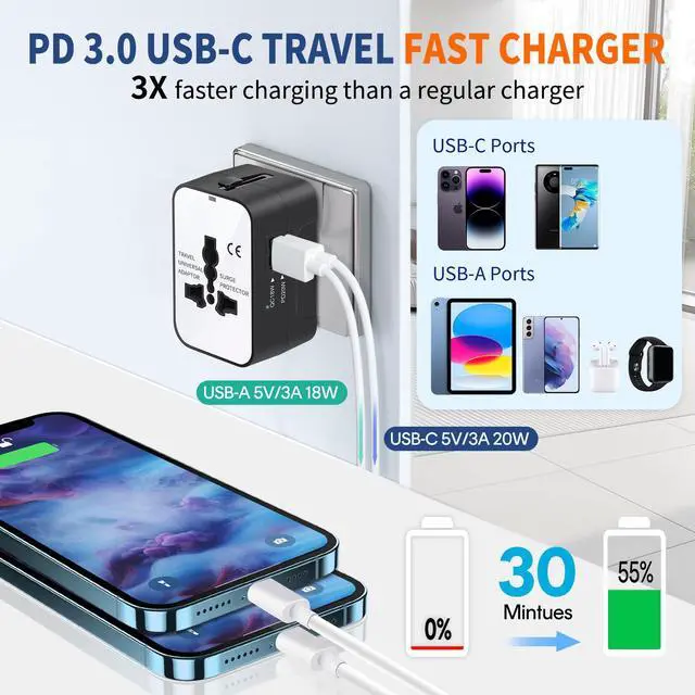 Alt view image 2 of 7 - International Universal All in One Worldwide Travel Adapter Fast Charger with PD 3.0 Type C & USB-A Quick Charging Wall Charger AC Power Plug Adapter for USA EU UK AUS European Cell Phone Laptop